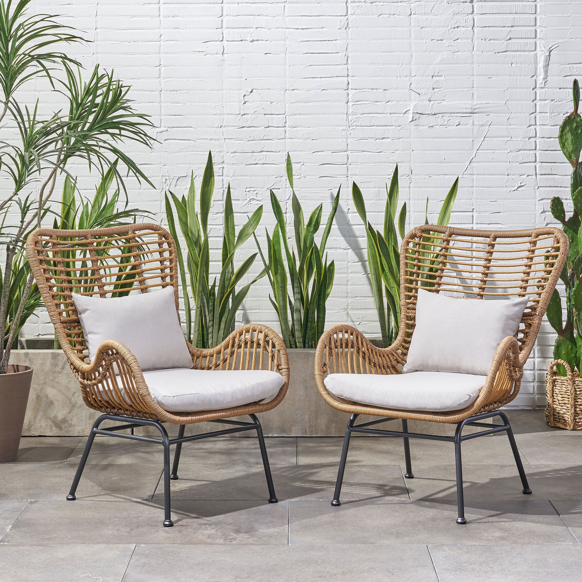 Beige Brown Iron Plastic Patio Chairs Set of 2