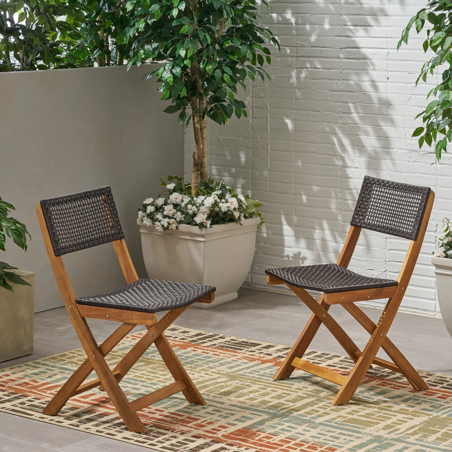 Brown Acacia Wood Folding Patio Chairs - Set of 2 for Outdoor
