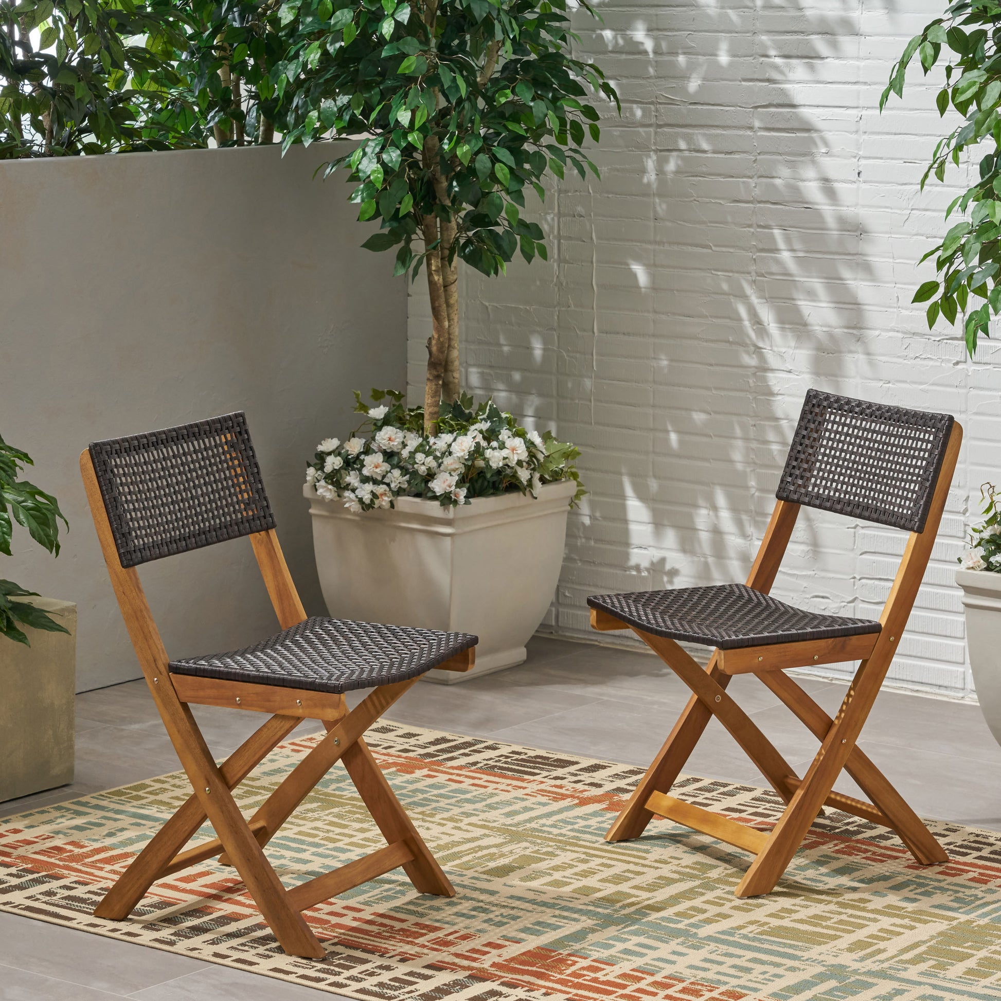 Brown Acacia Wood Folding Patio Chairs - Set of 2 for Outdoor
