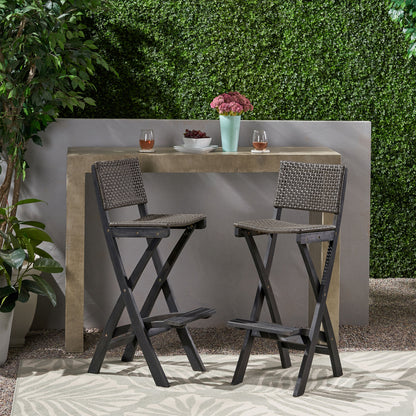 41.75" Outdoor Folding Acacia Wood Barstools with PE Rattan Backrest and Seat, Dark Grey Finish (Set of 2)