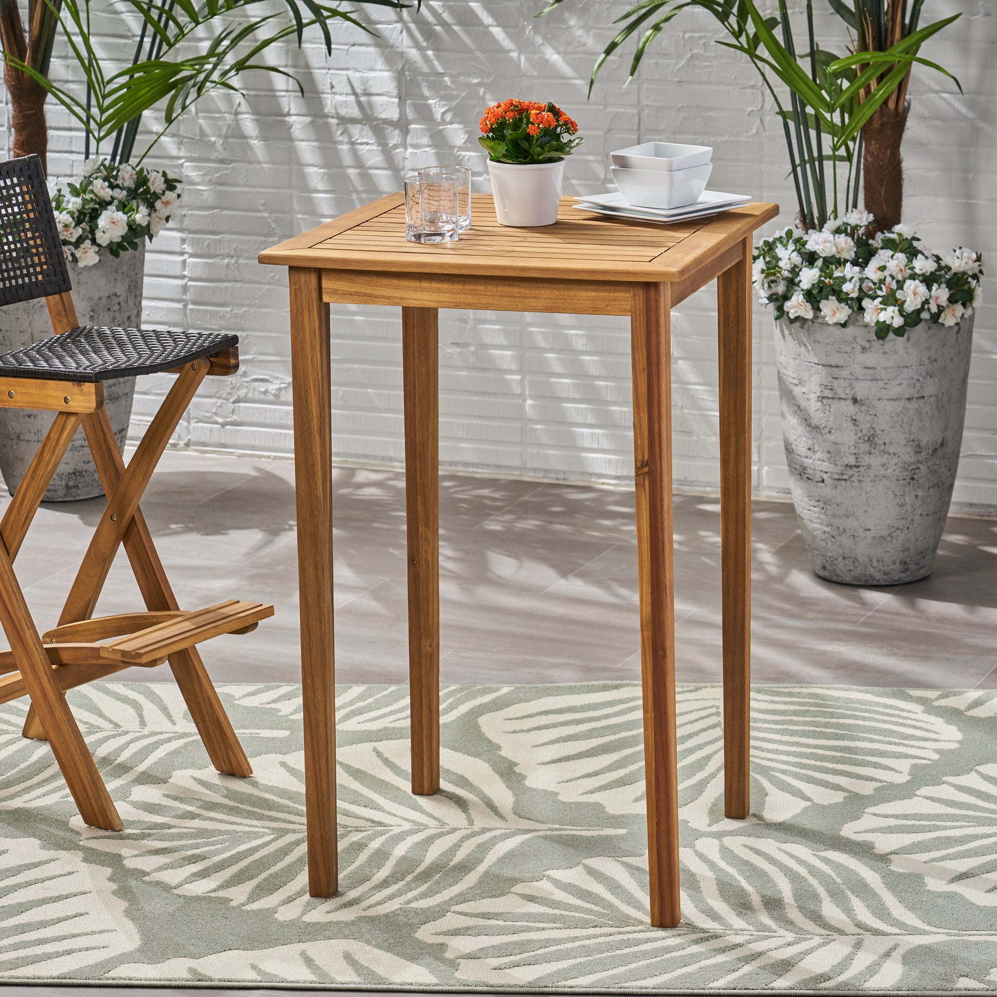 Outdoor Minimalist Acacia Wood Square Bar Table - Teak Finish