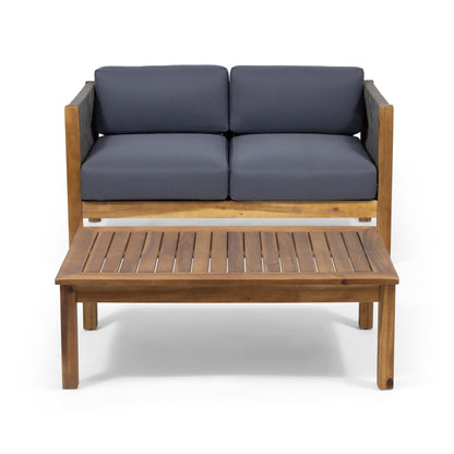 Teak Acacia Wood Patio Loveseat & Coffee Table Set - Outdoor Conversation Furniture
