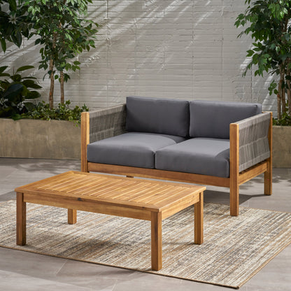 Teak Acacia Wood Patio Loveseat & Coffee Table Set - Outdoor Conversation Furniture