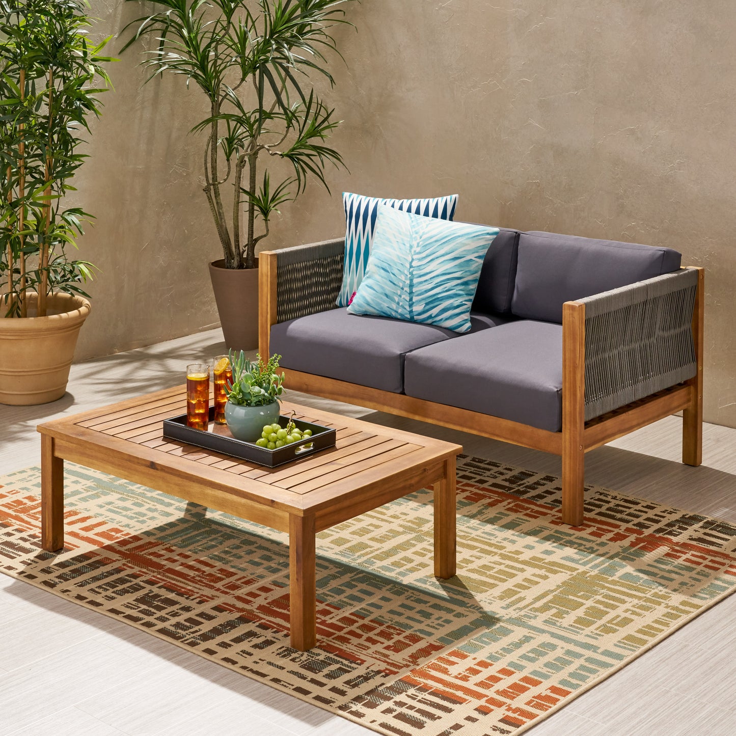 Teak Acacia Wood Patio Loveseat & Coffee Table Set - Outdoor Conversation Furniture