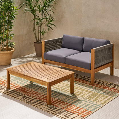 Teak Acacia Wood Patio Loveseat & Coffee Table Set - Outdoor Conversation Furniture