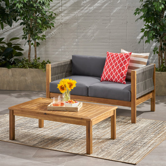 Patio Loveseat and Coffee Table Set, Patio Furniture Set with Cushion, Acacia Wood Frame Conversation Set for Garden, Backyard, Porch and Poolside, Minimalistic Style