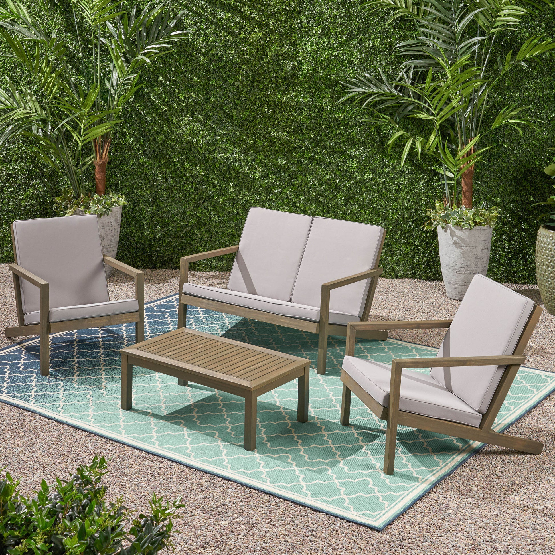 Beige Acacia Wood Patio Chat Set for Garden Living