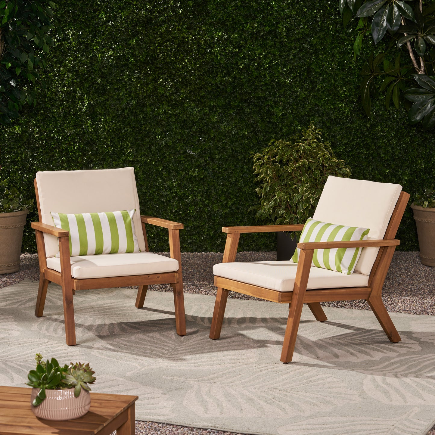 Beige Brown Acacia Wood Patio Club Chairs Set of 2