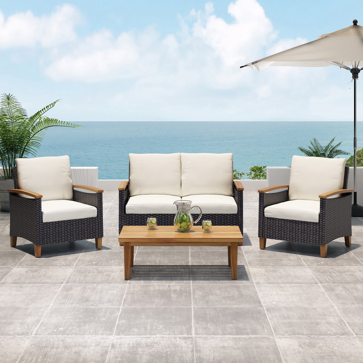 Teak Rattan Patio Chat Set - 3 Piece Outdoor Furniture