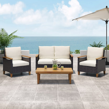 Teak Rattan Patio Chat Set - 3 Piece Outdoor Furniture