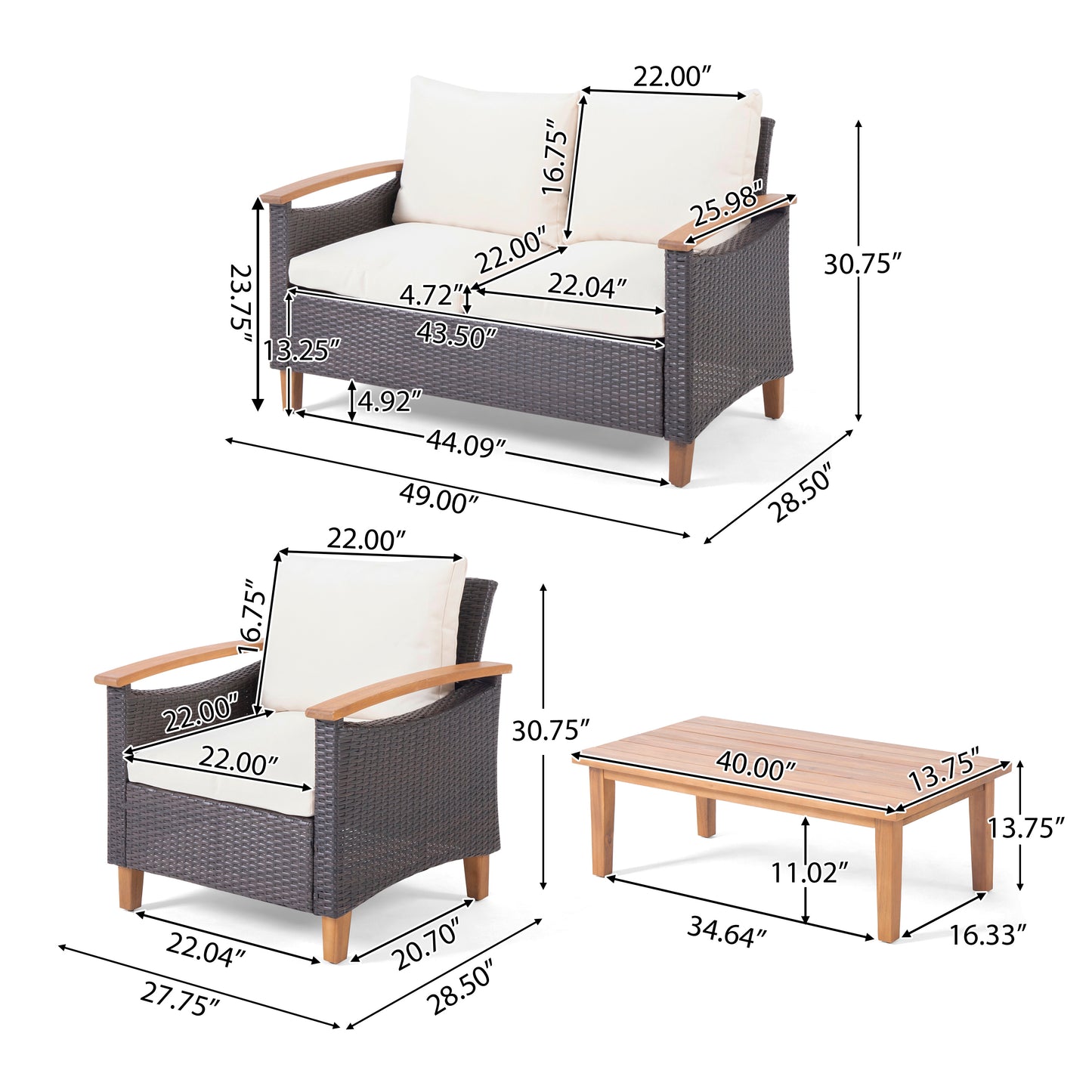 Teak Rattan Patio Chat Set - 3 Piece Outdoor Furniture