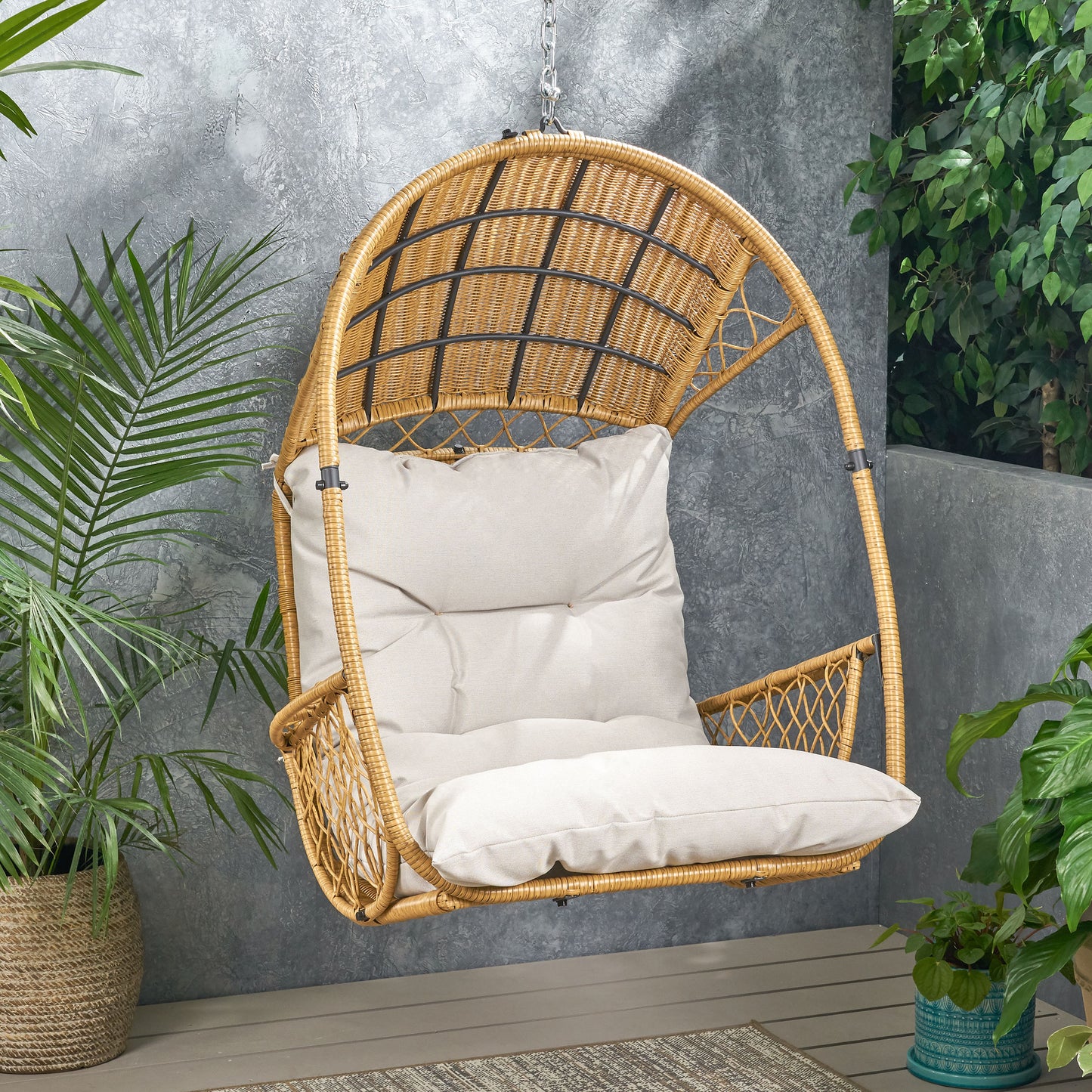 Brown+Beige Outdoor Basket Chair for Garden Patio Seating