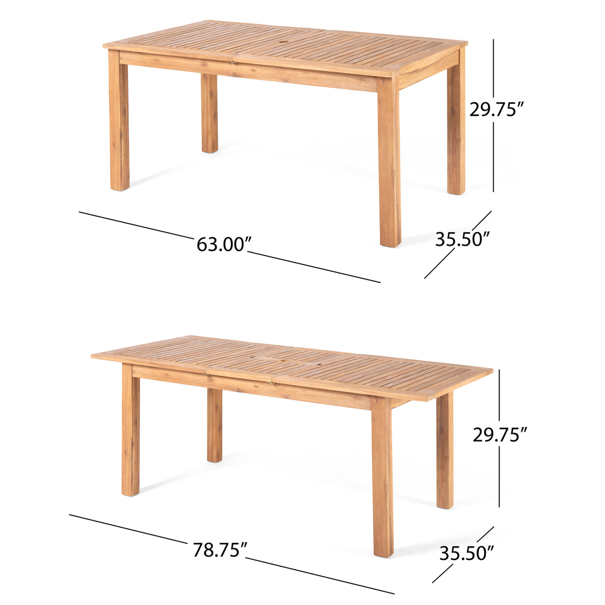 Expandable Acacia Wood Outdoor Dining Table for Garden or Poolside