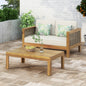 Outdoor Acacia Wood and Wicker Loveseat and Coffee Table Set with Cushions, Teak + Beige