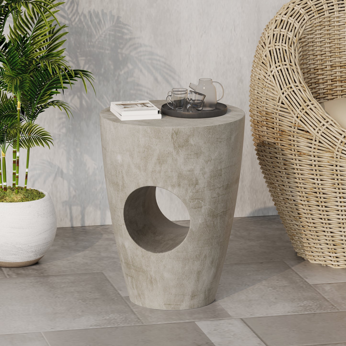 Grey Magnesium Oxide Outdoor Side Table for Poolside Patio
