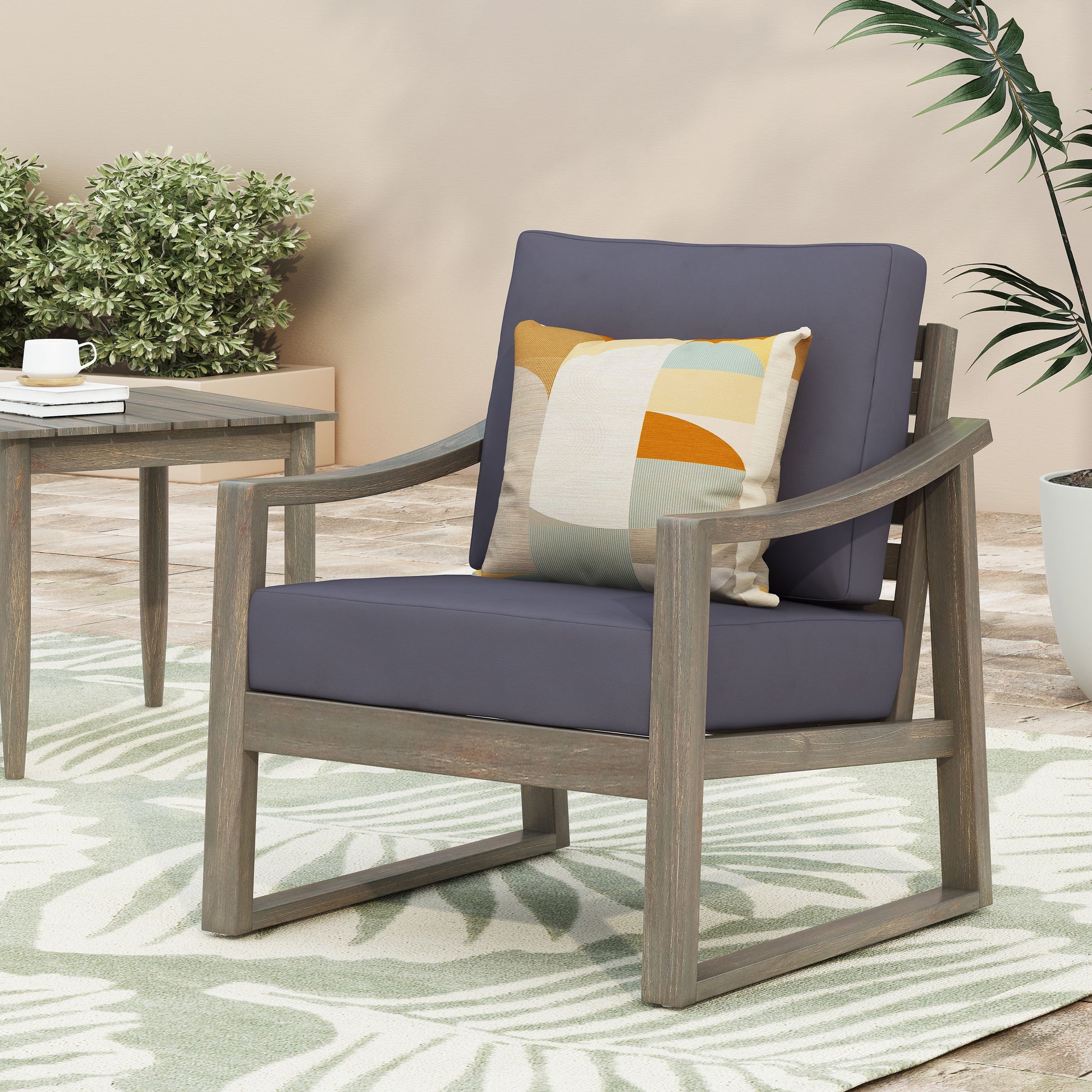 Acacia Wood Dark Grey Patio Chair with Slat Panel and Sloped Arms