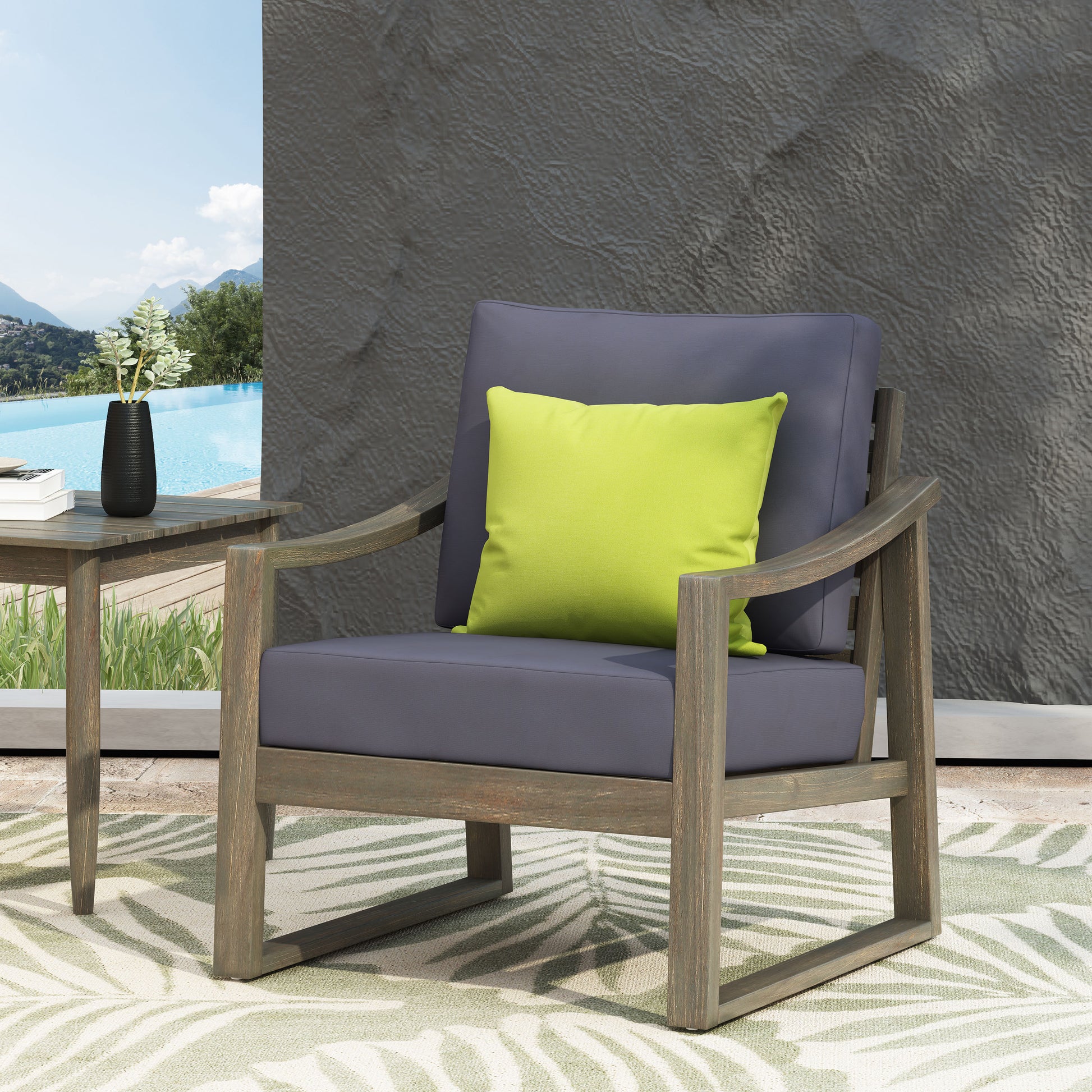 Acacia Wood Dark Grey Patio Chair with Slat Panel and Sloped Arms