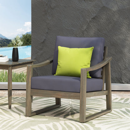 Acacia Wood Dark Grey Patio Chair with Slat Panel and Sloped Arms
