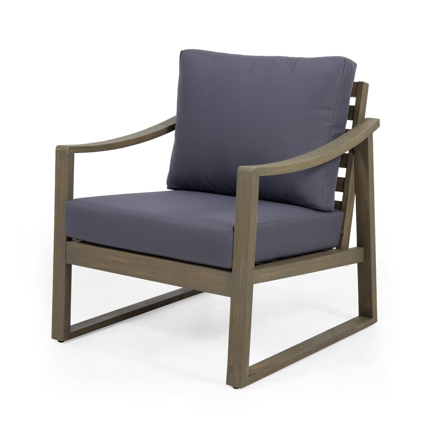 Acacia Wood Dark Grey Patio Chair with Slat Panel and Sloped Arms
