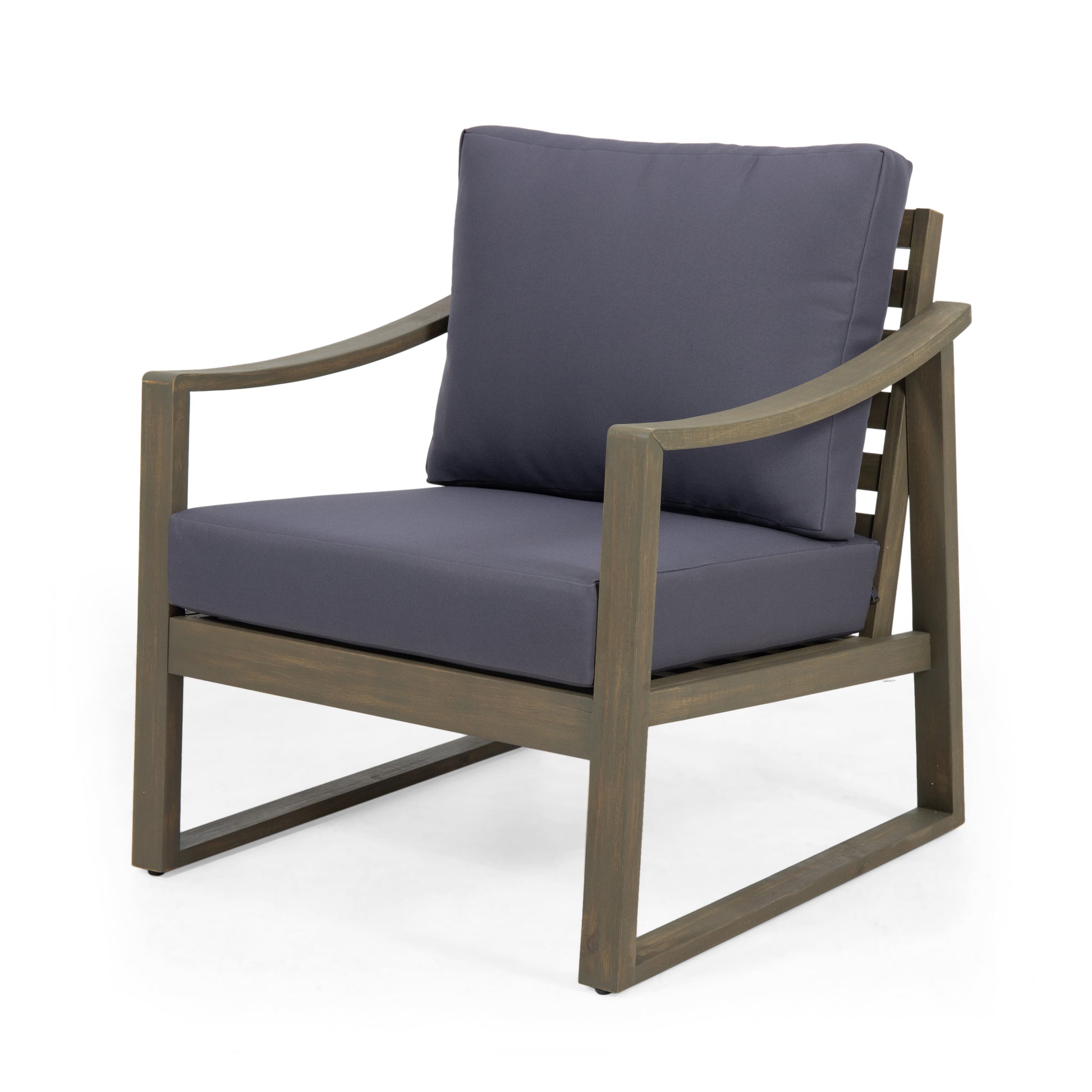 Acacia Wood Dark Grey Patio Chair with Slat Panel and Sloped Arms