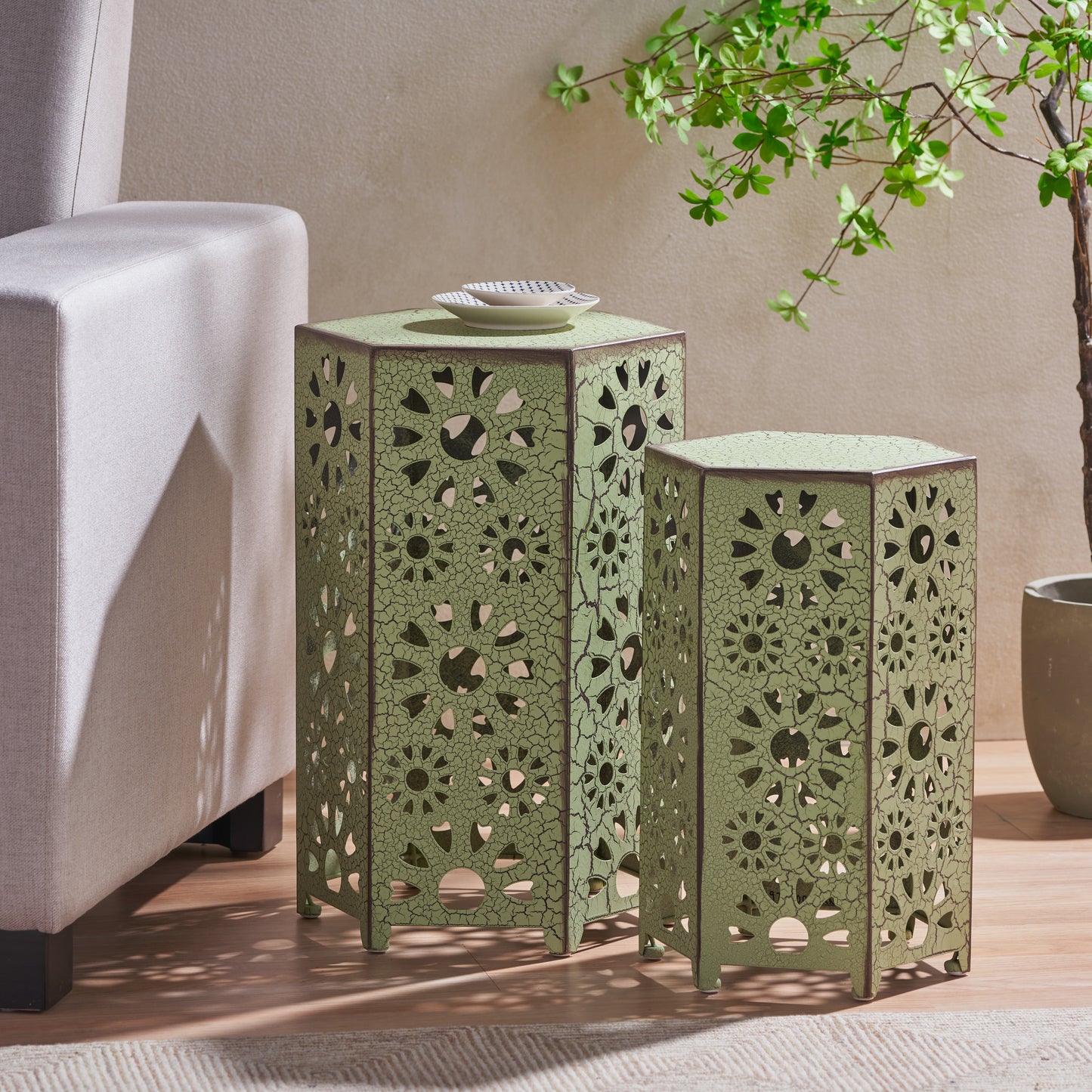Green Iron Outdoor Tables Set - 2 Sizes