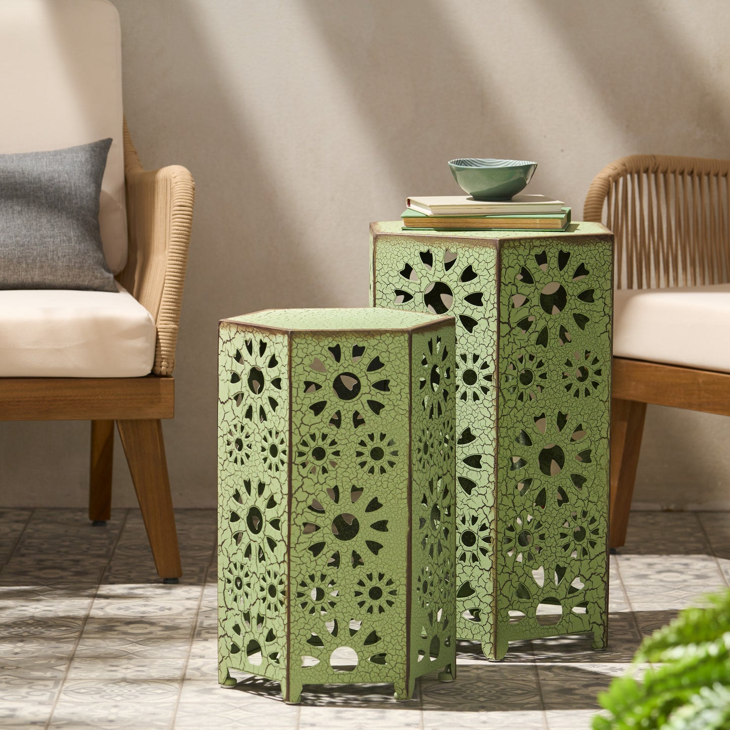 Green Iron Outdoor Tables Set - 2 Sizes