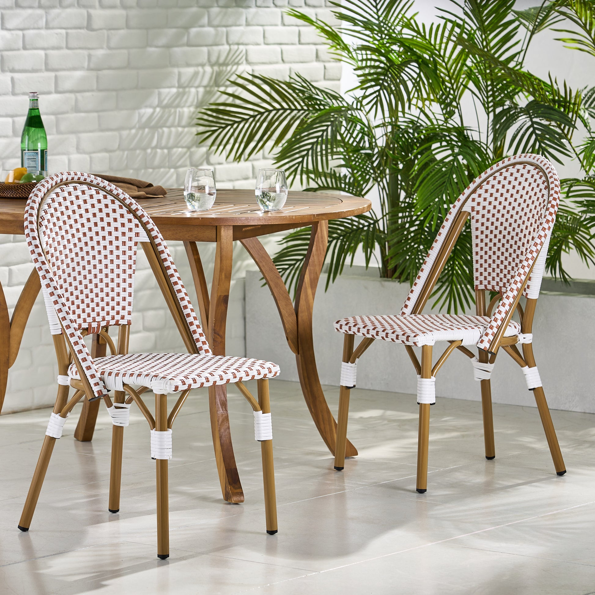 Outdoor PE Ratten and Aluminum French Bistro Chairs, Set of 2, Rusted Red & White, Bamboo Print Finish