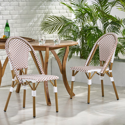 Outdoor PE Ratten and Aluminum French Bistro Chairs, Set of 2, Rusted Red & White, Bamboo Print Finish