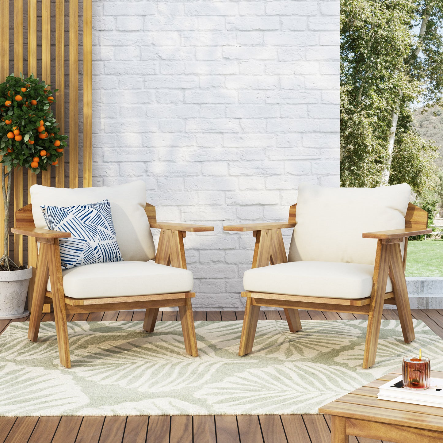 Outdoor Acacia Wood Club Chairs with Cushions (Set of 2), Teak Finish+ Beige, 30.75" W x 30.25" D x 26.00" H