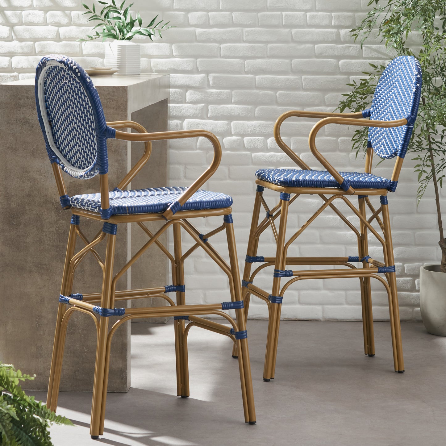 Navy Blue 2 Person Patio Barstool Set Aluminum Rattan
