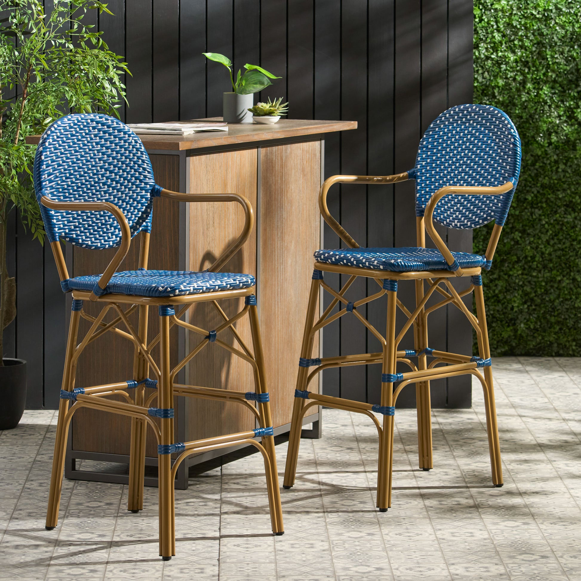 Navy Blue 2 Person Patio Barstool Set Aluminum Rattan