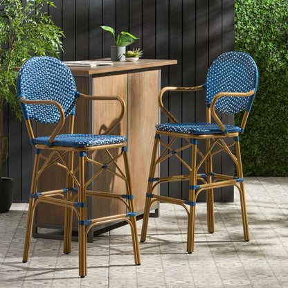 Navy Blue 2 Person Patio Barstool Set Aluminum Rattan
