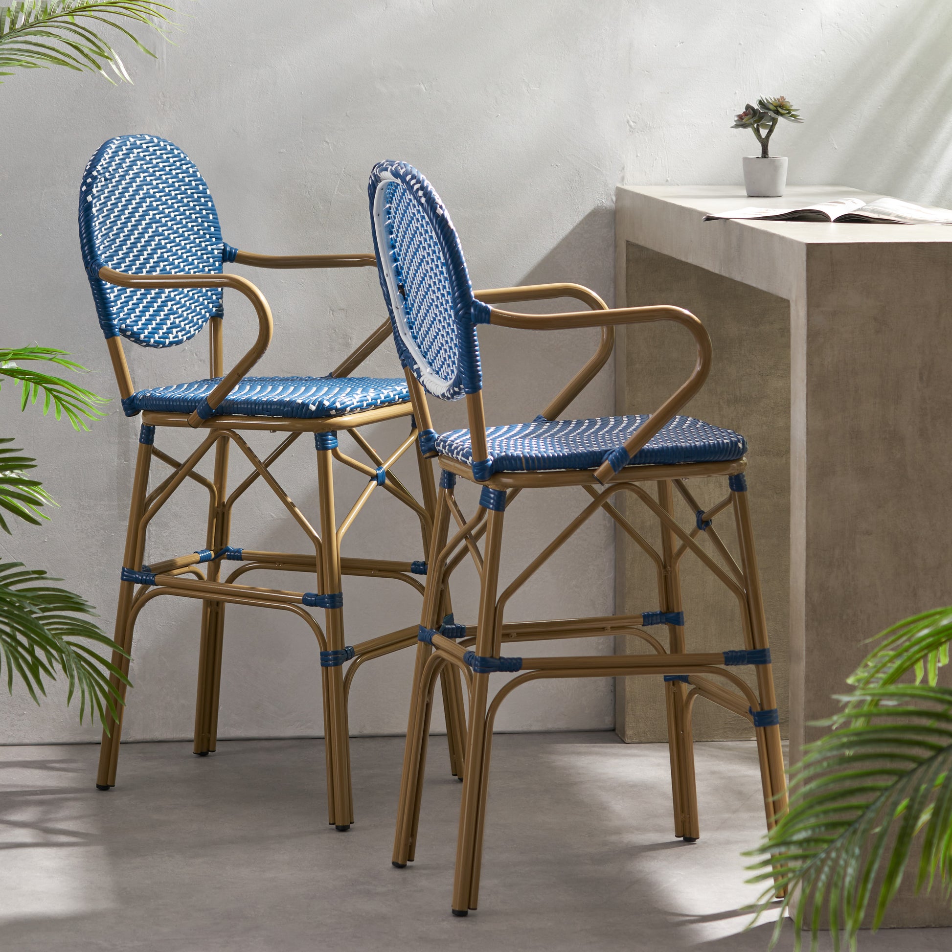 Navy Blue 2 Person Patio Barstool Set Aluminum Rattan