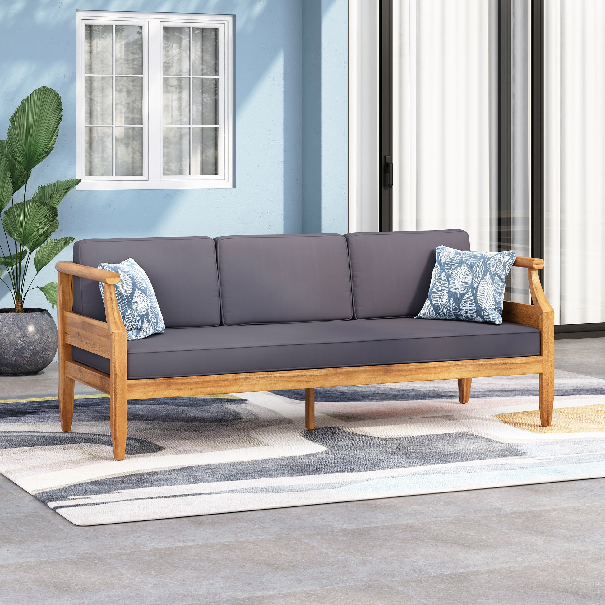 Teak Acacia Wood Patio Sofa Set 3 Seat Outdoor
