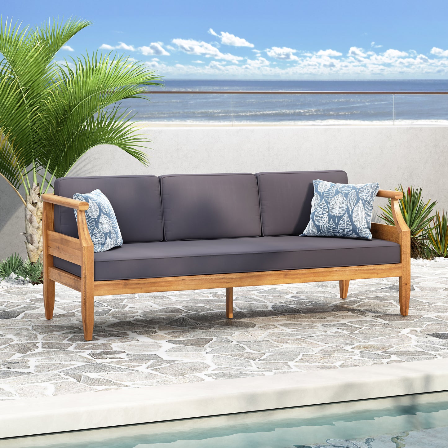 Teak Acacia Wood Patio Sofa Set 3 Seat Outdoor