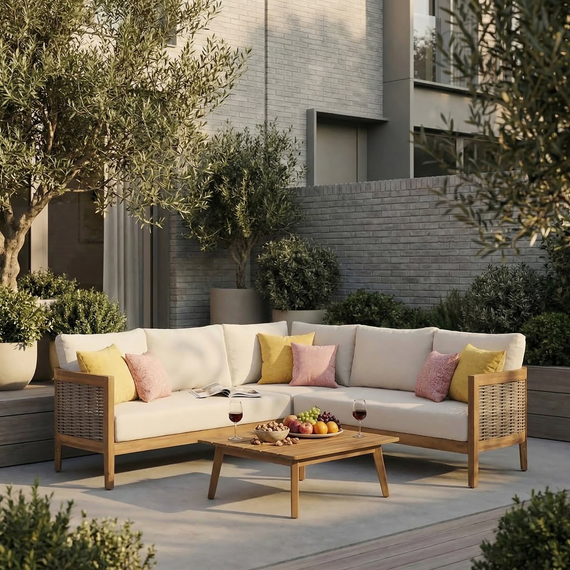 CROWNE 4-PCS SOFA CONVERSATION SET W/ BEIGE CUSHION, TEAK