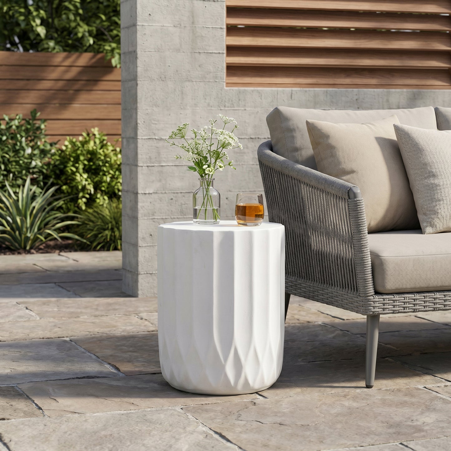 Round Outdoor Side Table - Antique White Magnesium Oxide