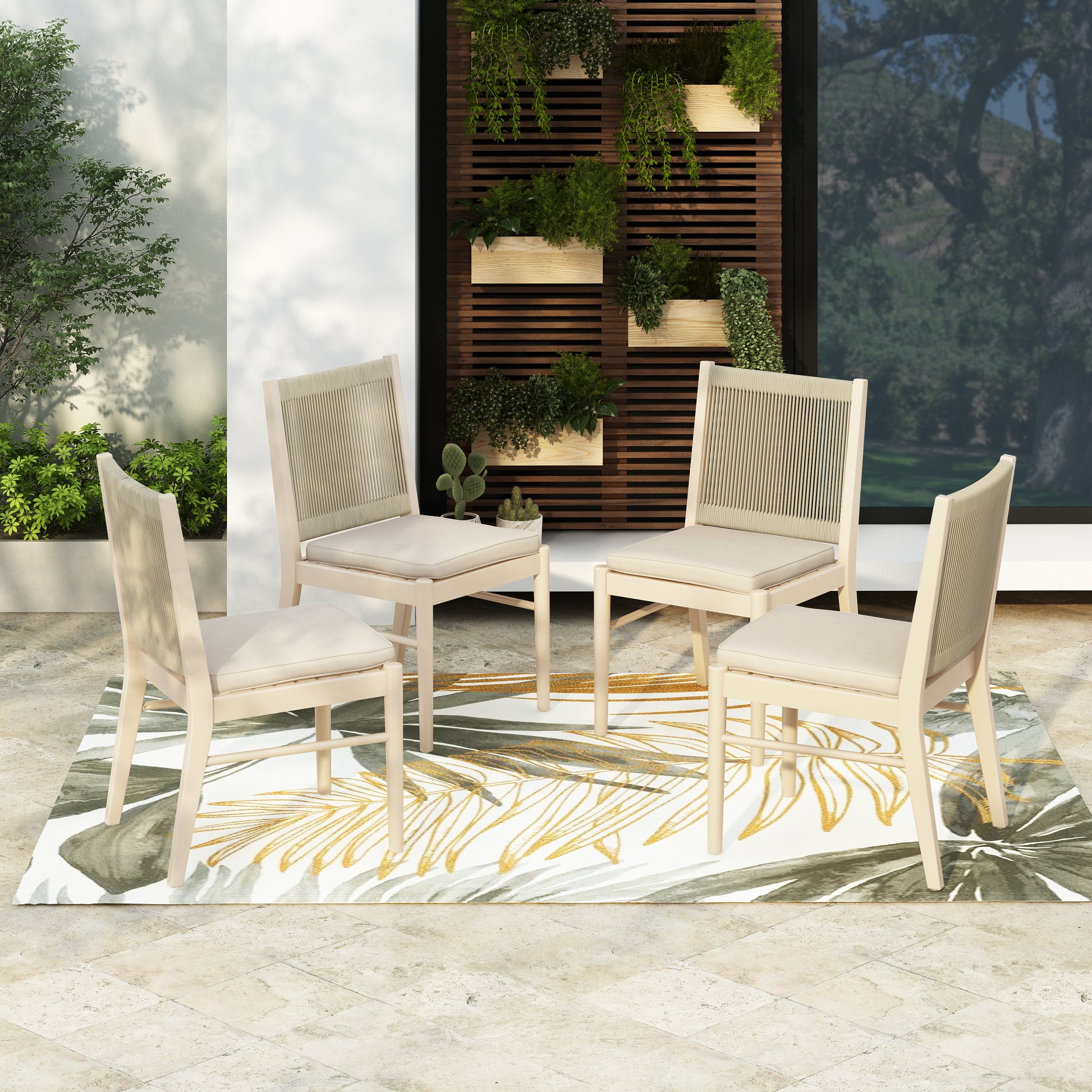 Beige Acacia Wood Outdoor Dining Chairs Set for Patio Seating