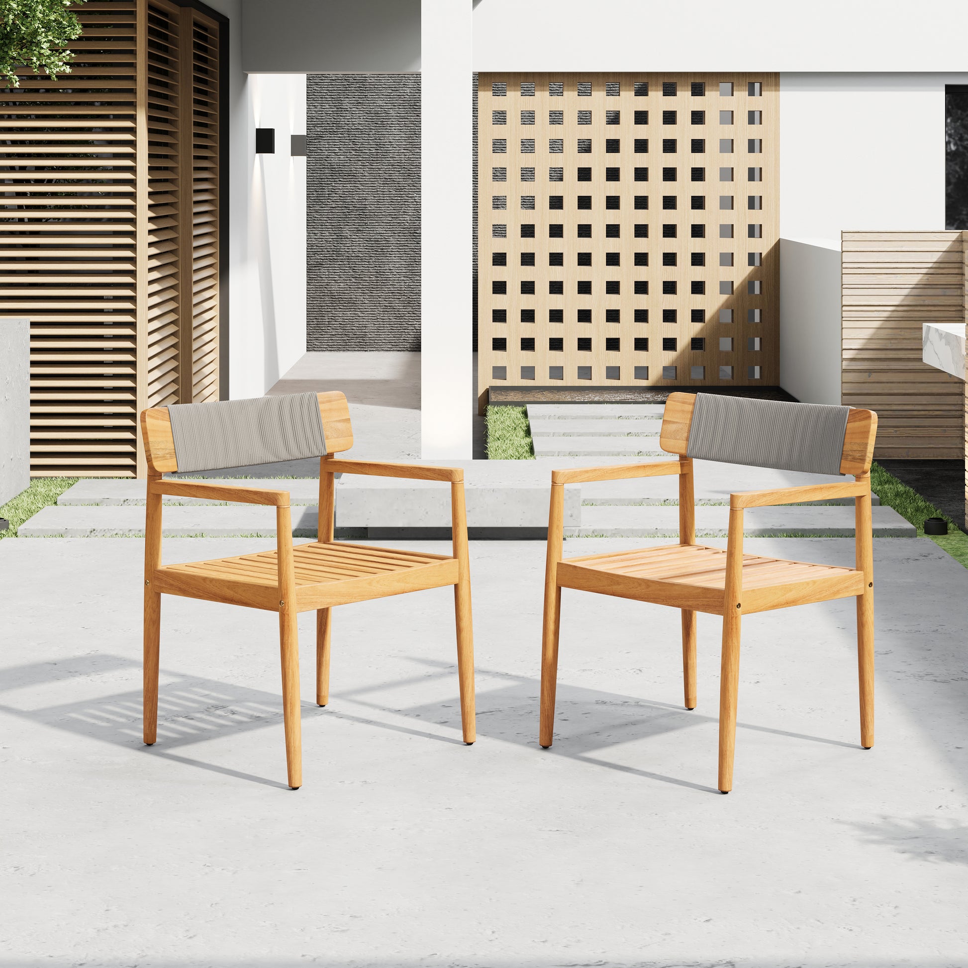 CREATIVE BRAIDED ACACIA WOOD OUTDOOR DINING CHAIRS WITH ARMRESTS, SUITABLE FOR OUTDOOR DINING AND LEISURE PLACES, TEAK LOOK & GREY ROPE,SET OF 2
