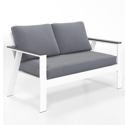 52.95" All-Weather Aluminum Patio Loveseat with Wood Armrests & Angled Backrest – White & Light Grey