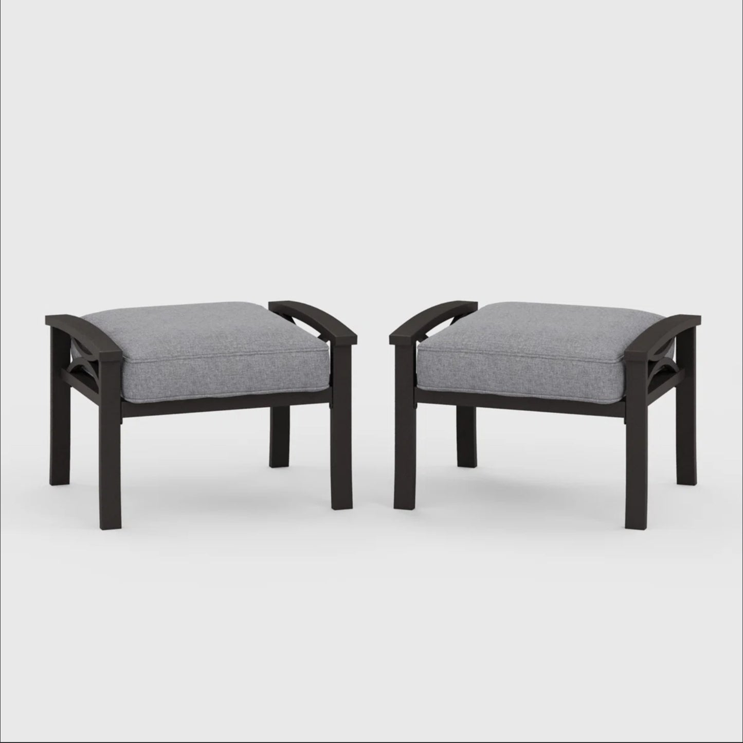 Set of 2 All-Weather 26” Width Metal Ottomans, Khaki Frame with Gray Cushions