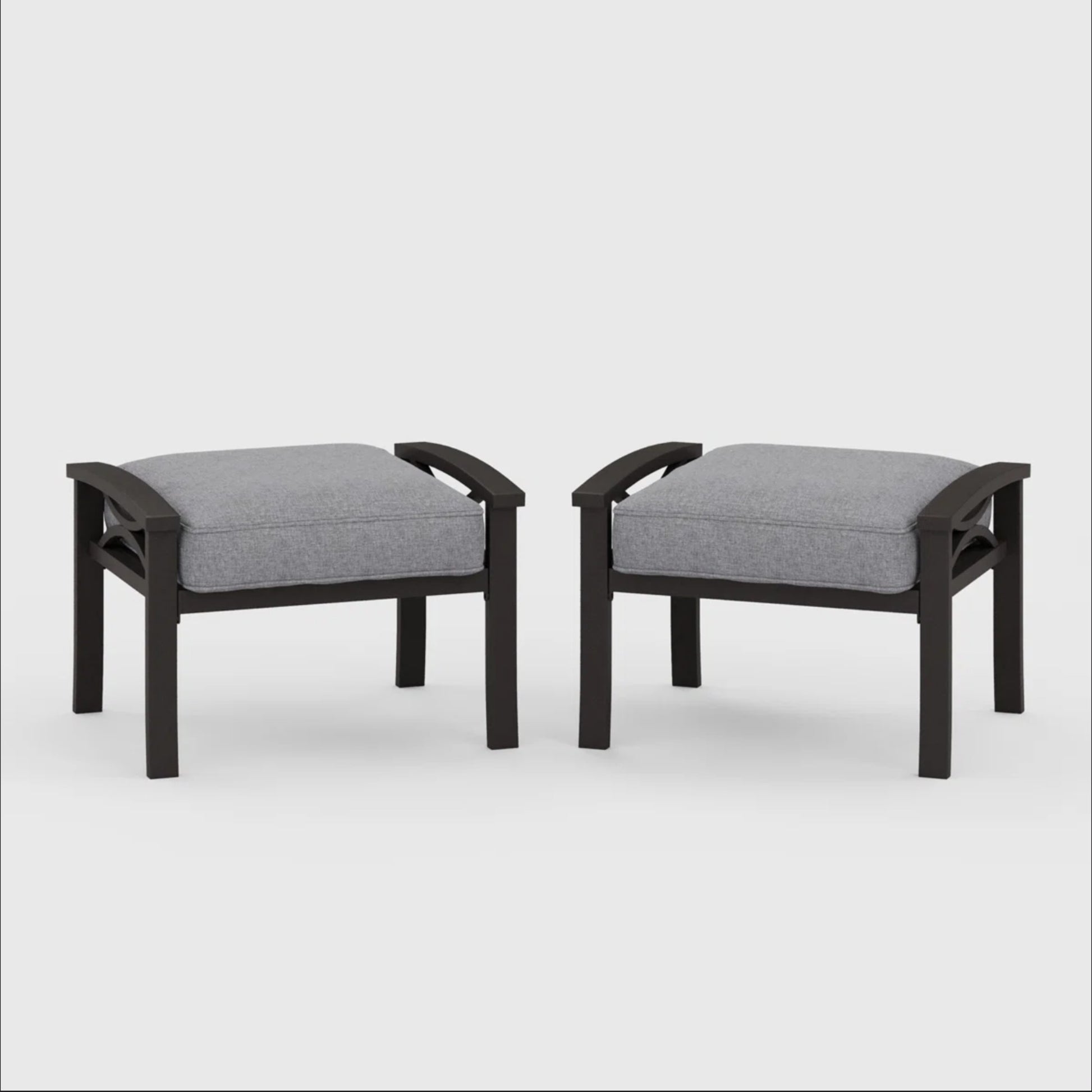 Set of 2 All-Weather 26” Width Metal Ottomans, Khaki Frame with Gray Cushions
