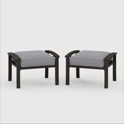 Set of 2 All-Weather 26” Width Metal Ottomans, Khaki Frame with Gray Cushions