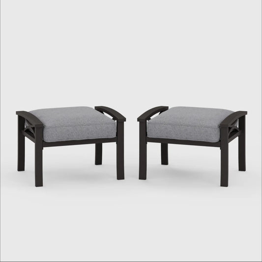Set of 2 All-Weather 26” Width Metal Ottomans, Khaki Frame with Gray Cushions