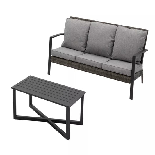 2-Piece Wicker Patio Conversation Set with Gray Cushions & Coffee Table