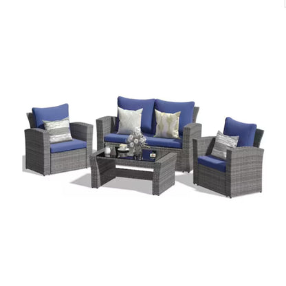 4-Piece Wicker Patio Conversation Set with Glass Table and Blue Cushions