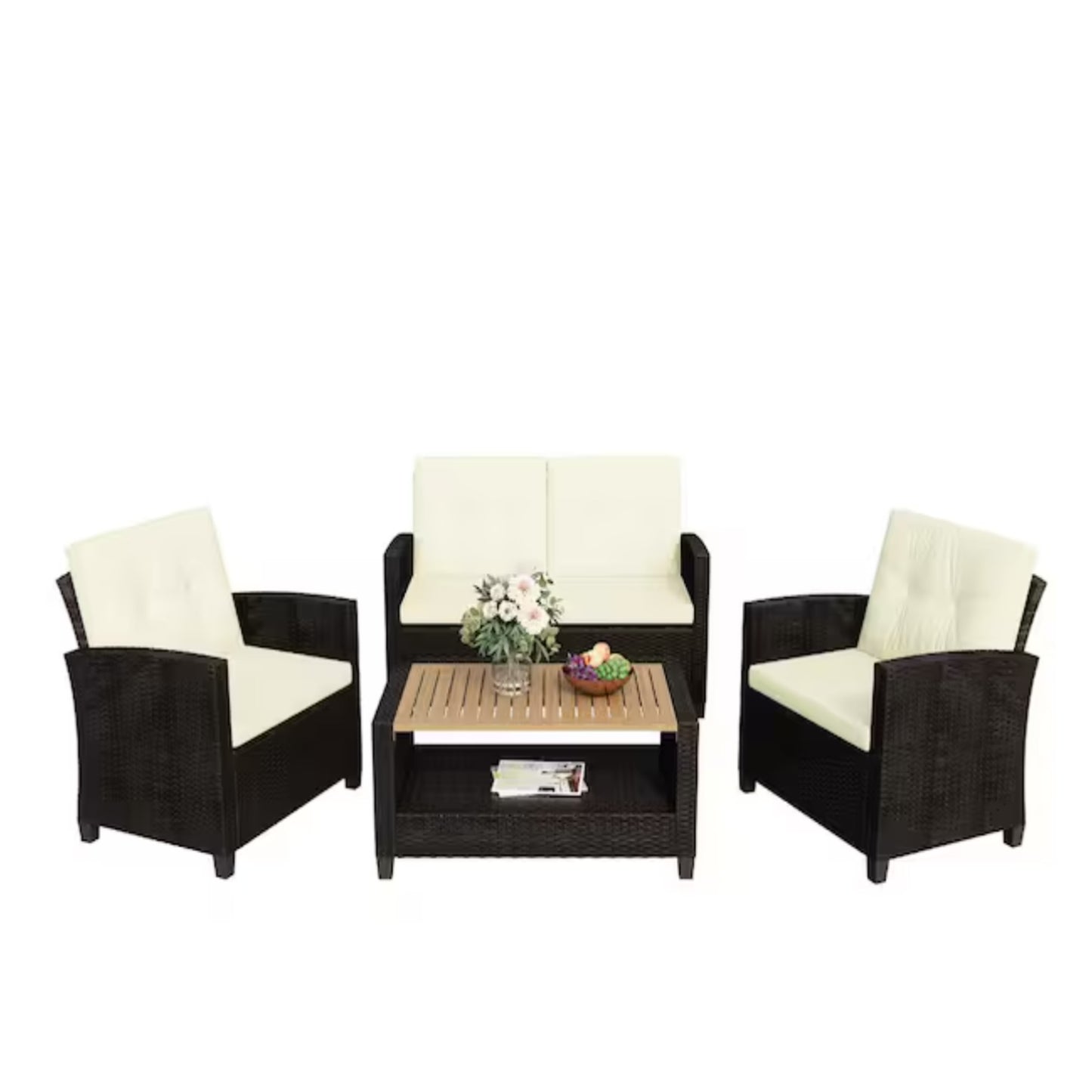 4-Piece All Weather Wicker Outdoor Patio Conversation Set with Beige Cushions and Accacia Wood Table