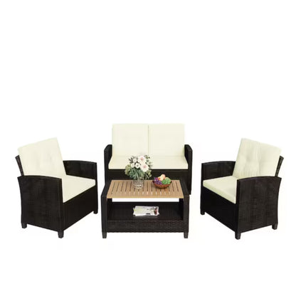 4-Piece All Weather Wicker Outdoor Patio Conversation Set with Beige Cushions and Accacia Wood Table