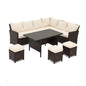 7 Piece Wicker Patio Dining Set, 9-Seat  Outdoor Sectional Ivory Cushions Sofa with Ottomans & Dining Table Porch Backyard Garden
