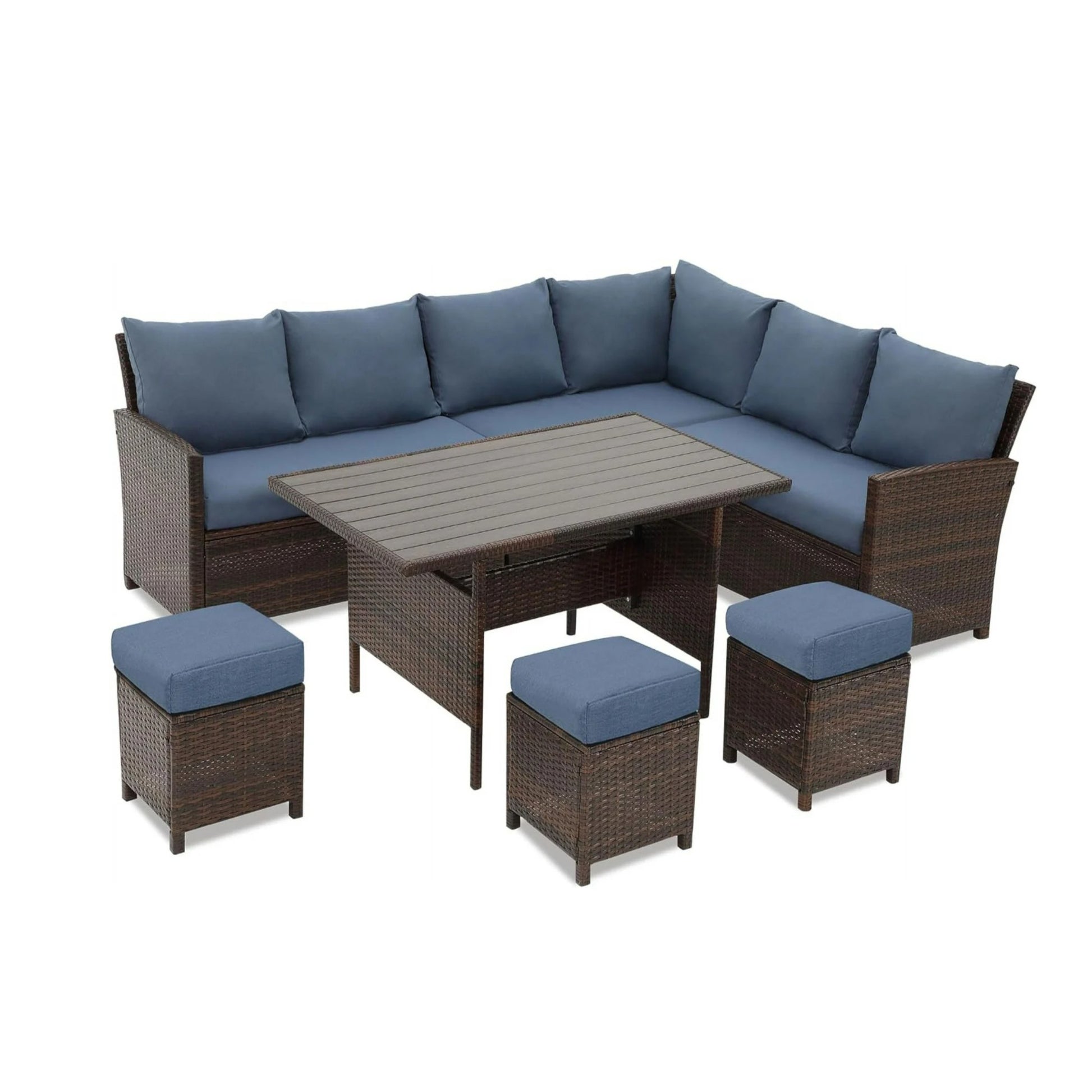 7 Piece  Wicker Patio Dining Set  9-Seat  Outdoor Sectional Blue Cushions Sofa with Ottomans & Dining Table Porch Backyard Garden
